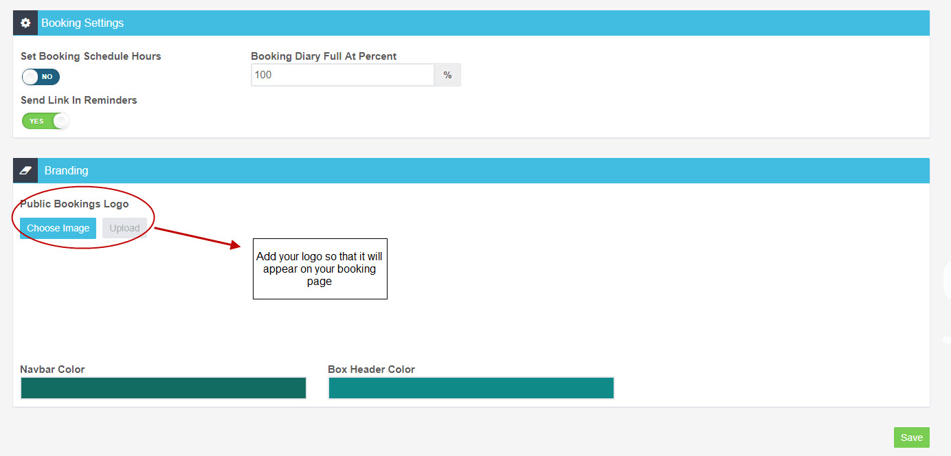 Screenshot of the booking and branding settings
