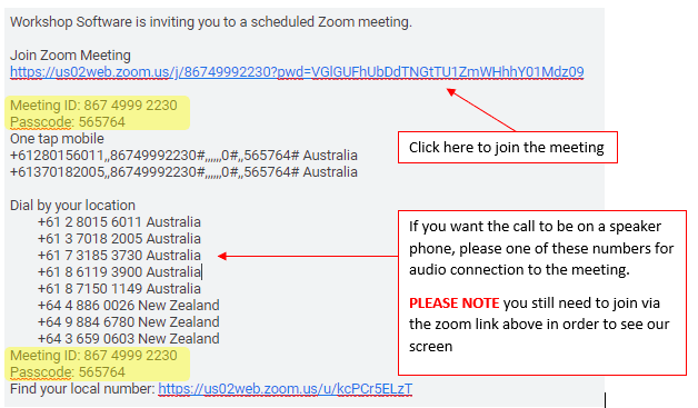 Workshop Software screen showing alternatively you can join the meeting by entering the meeting id & passcode …