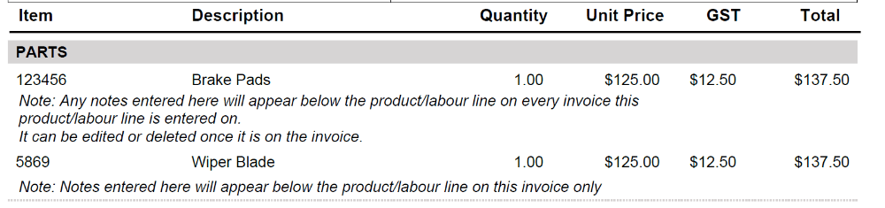 Workshop Software screen showing the notes will appear on the printed invoice as per below