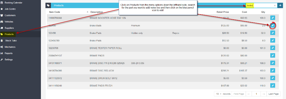 Workshop Software add notes to a product or job code already in an invoice or job card showing blue ‘pen’ icon to open up …