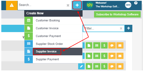 Workshop Software credit a supplier invoice showing ‘ + ’ button at the top right of the page and select ‘ supplier invoic…