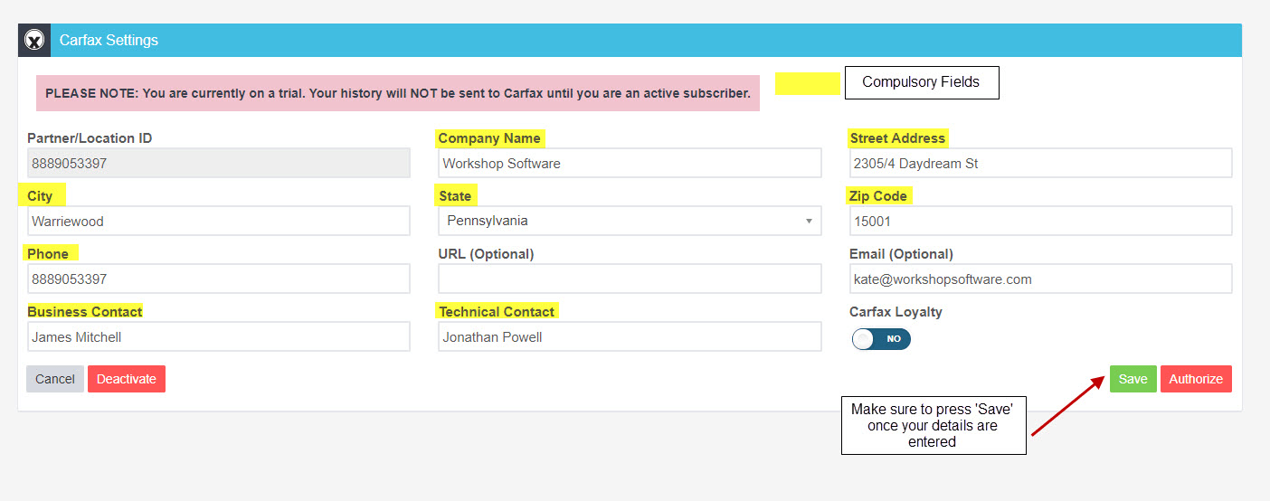 Carfax registration form with business details and technical contact fields