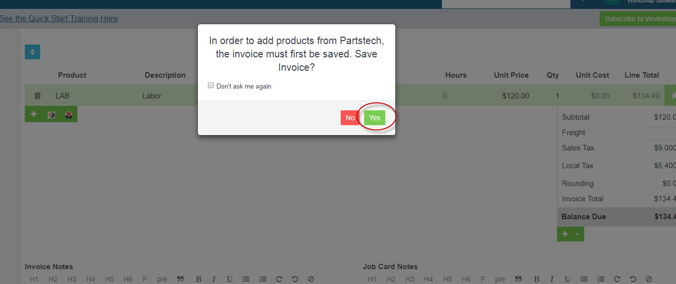 Workshop Software how to use partstech showing partstech symbol and press ‘yes’ when prompted to save the invoice