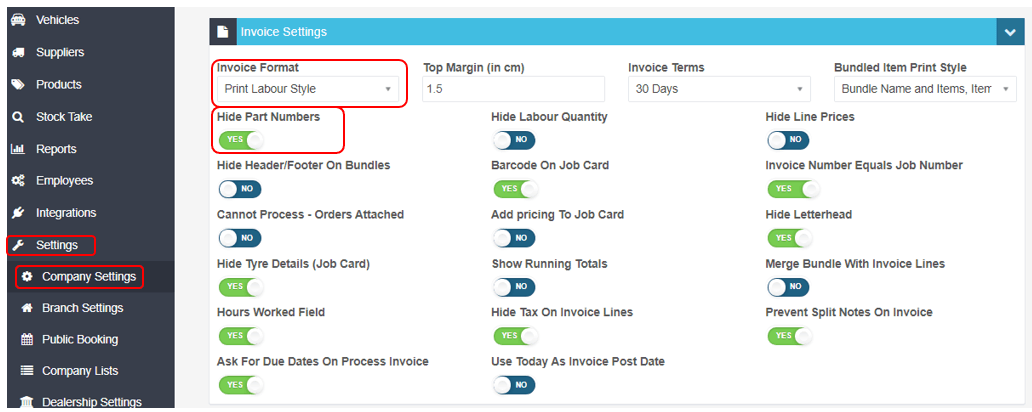 Workshop Software screen showing settings > company settings > invoice settings having the invoice template as…” width=”1032″ height=”412″>
<strong>Labour Style Template</strong>
The print labour style template copies the description of the labour product and creates a heading above the item line.
<img loading=