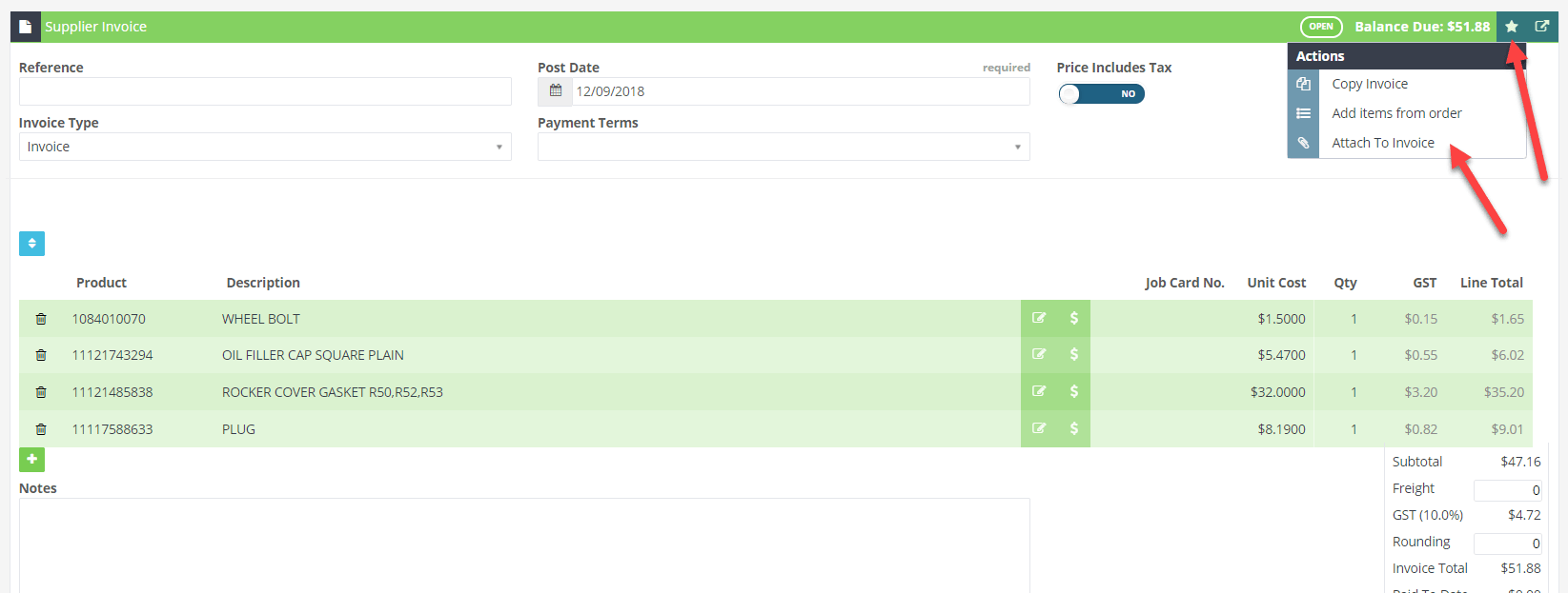 Workshop Software screen showing then select “attach to invoice” this is what it looks like from a supplier in…