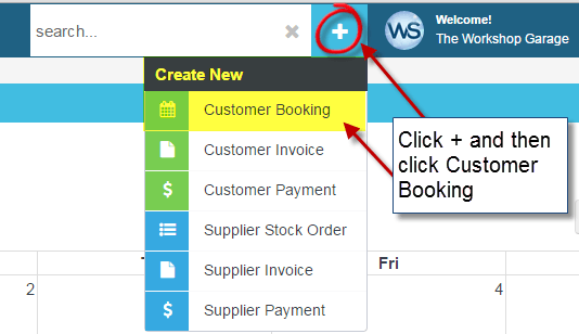 Booking Diary calendar view with plus button to create a new booking