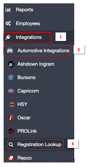 Workshop Software screen showing using the left-hand navigation bar in workshop software, click on ’ integrati…