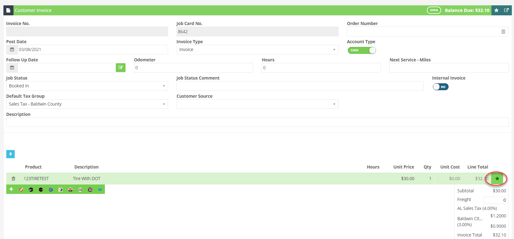 Workshop Software how to register tires with dot/tin showing ‘star’ button on the right hand side of the tire item