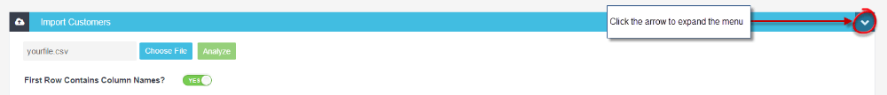 Import section with expandable blue bar showing data type categories