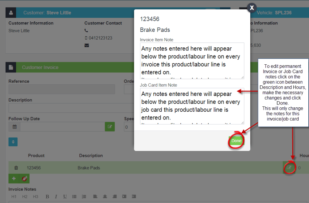 Workshop Software screen showing any changes made will only effect this invoice or job card, the permanent not…