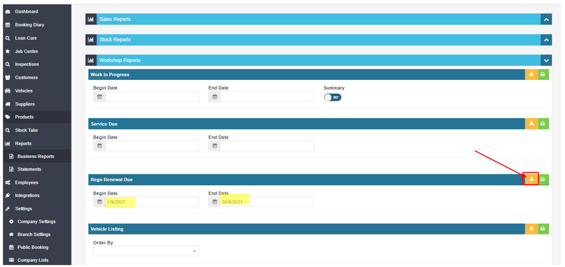 Workshop Software screen showing then click on the yellow 