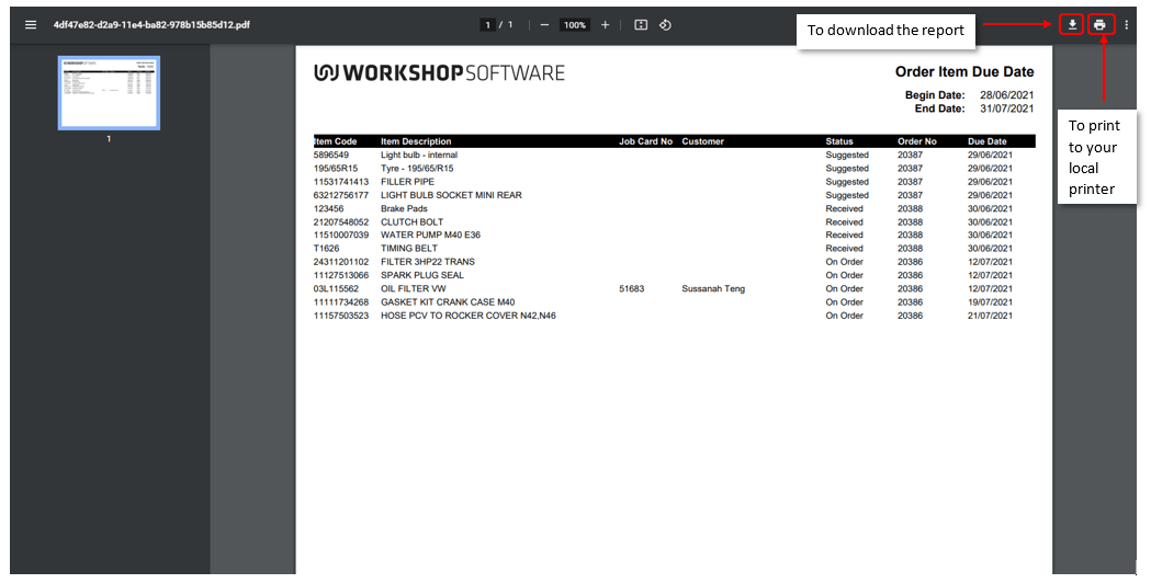 Workshop Software screen showing the report will appear on a new web browser tab, from here you can download t…