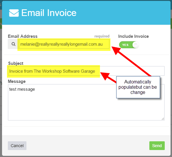 Workshop Software screen showing the subject is automatically populated with the invoice number but can be cha…