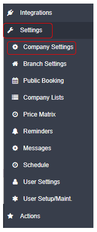 Workshop Software screen showing go into your ‘settings’ tab on the left, then select ‘company settings’