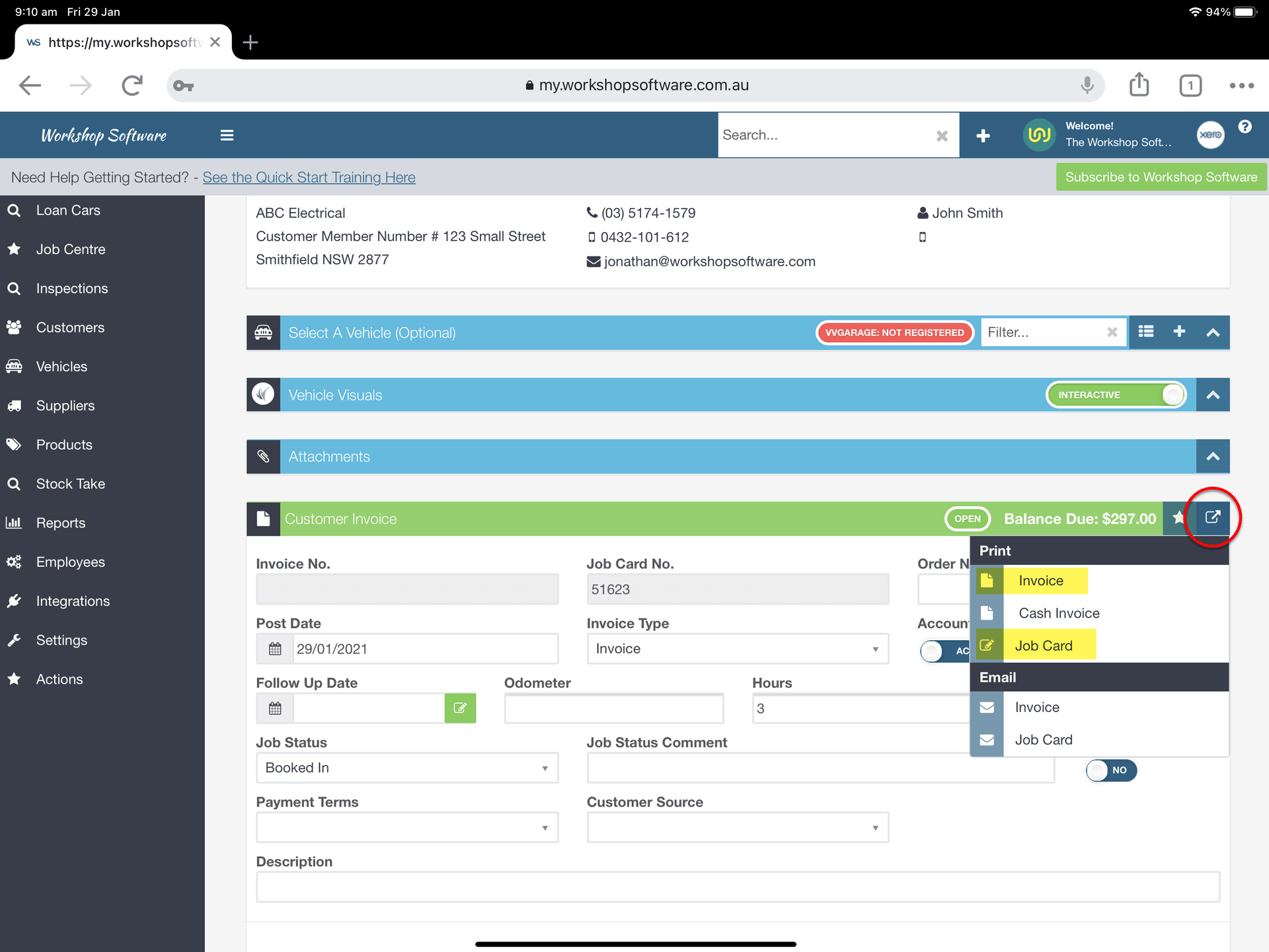 Workshop Software screen showing if you want or need to print off an invoice or job card you are still able to…