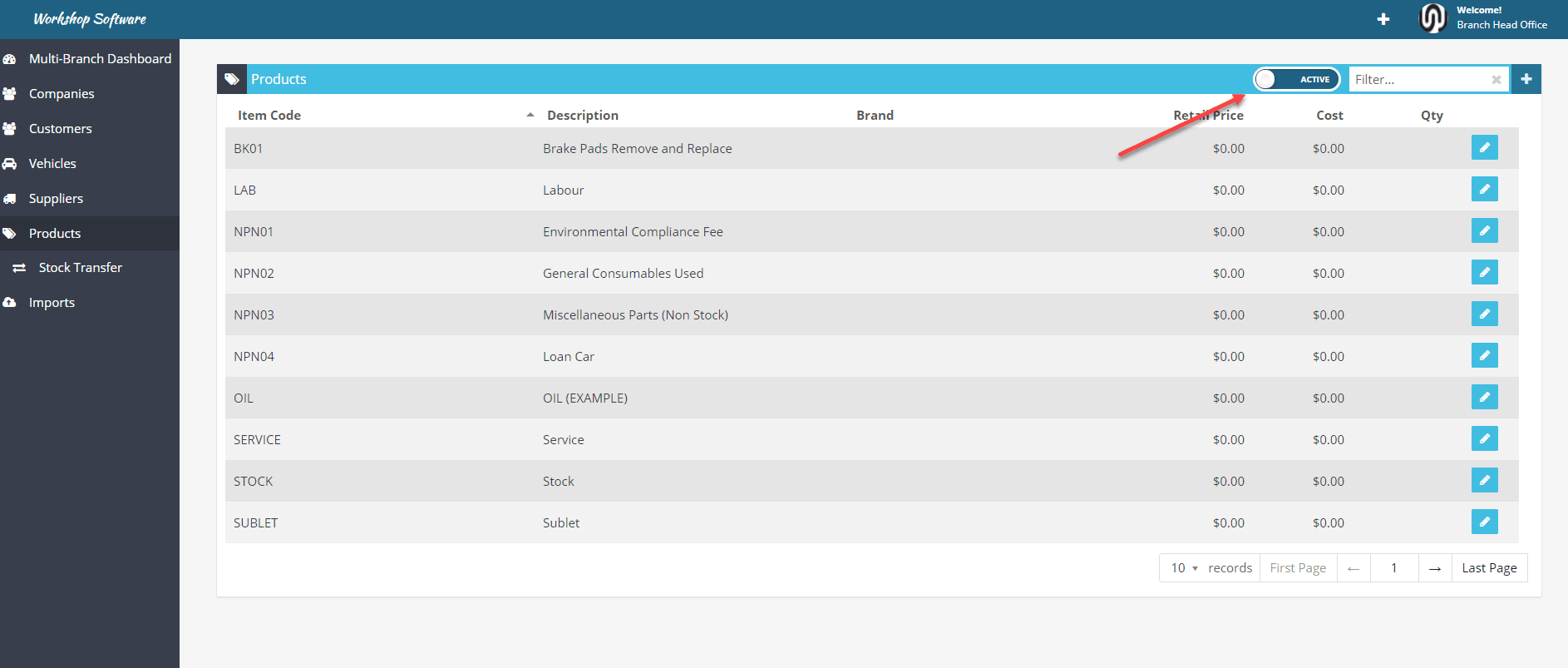 Workshop Software screen showing you can look at inactive products by switching the ‘active’ toggle