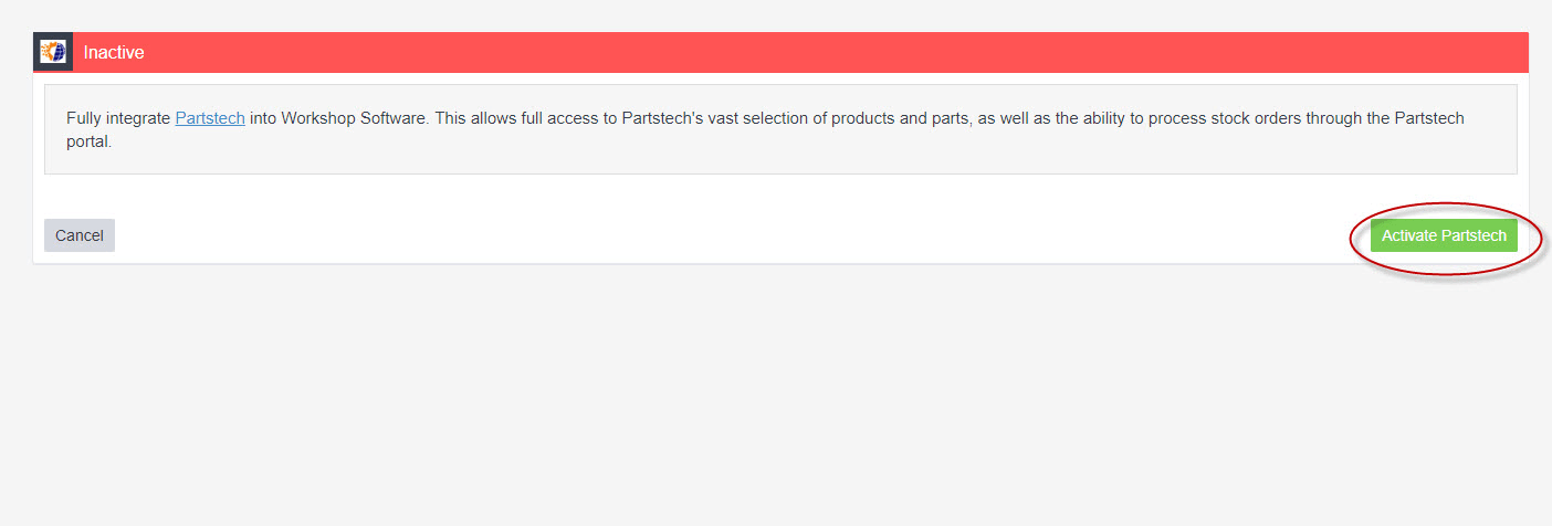 Workshop Software screen showing once you have selected partstech press ‘activate partstech’ to enter your det…