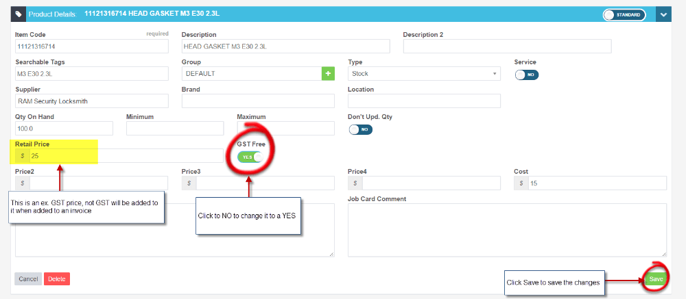 Workshop Software how to make a product gst (tax) free showing green ‘save’ button to save the change