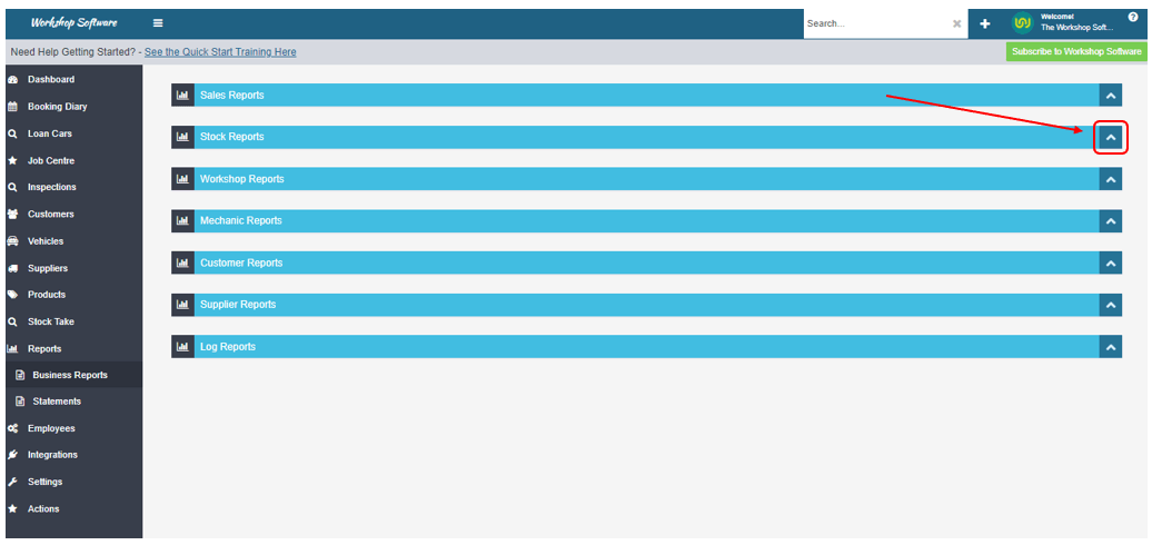 Workshop Software run a stock status report showing arrow to expand the ’ stock reports ’ option