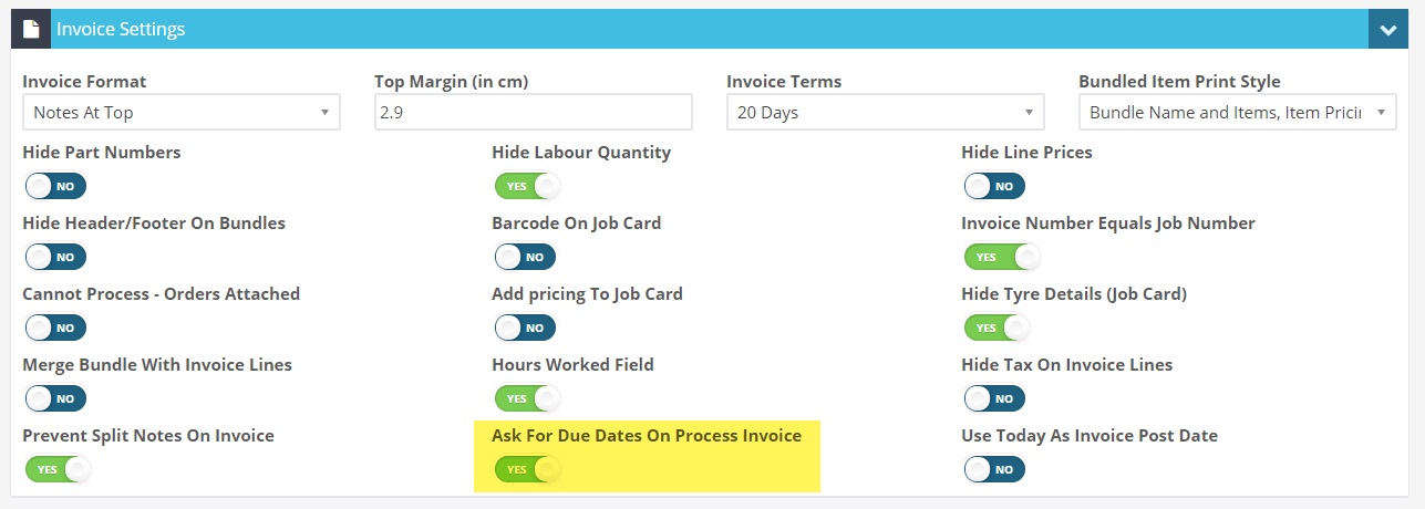 Workshop Software screen showing you can turn on the “ask for due dates on process invoice” toggle in your com…