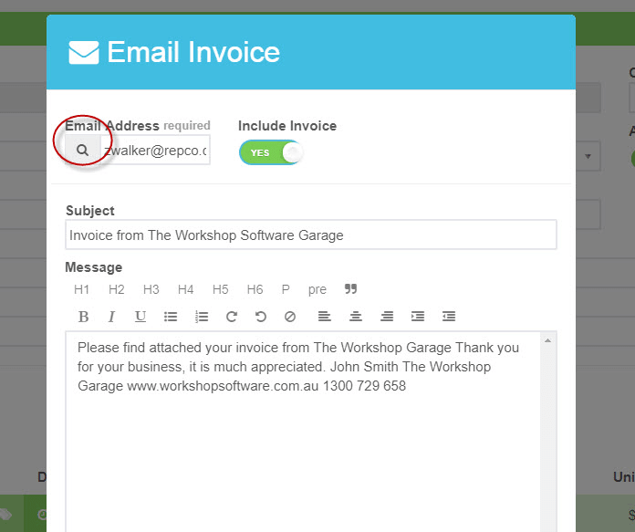 Workshop Software email invoices to multiple people showing email invoice and click on the magnifying glass to add more em…