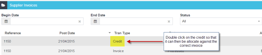 Workshop Software apply a supplier credit to a supplier invoice showing supplier, double click on the supplier credit crea…