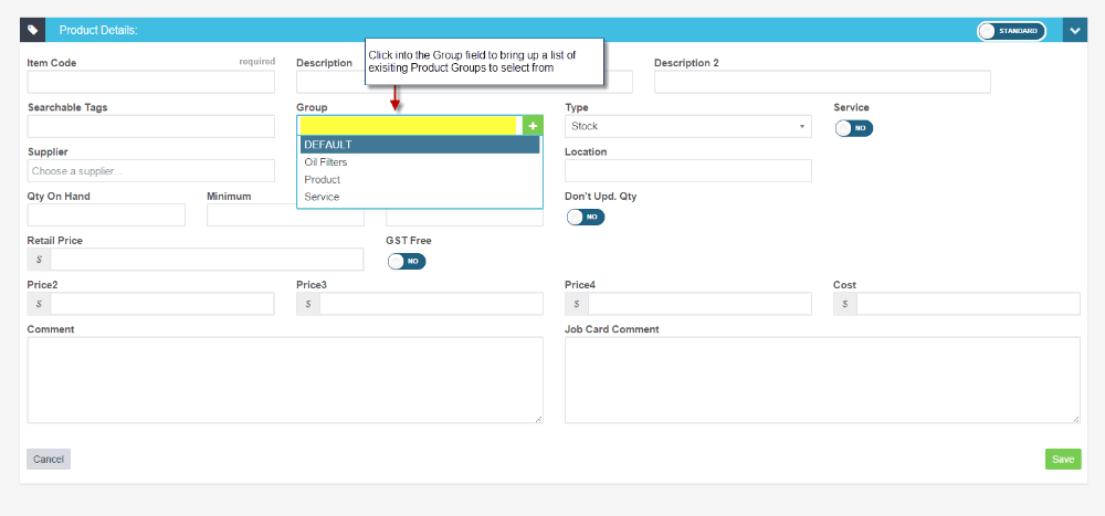 Workshop Software screen showing to add a new or existing product to an existing product group click on into t…