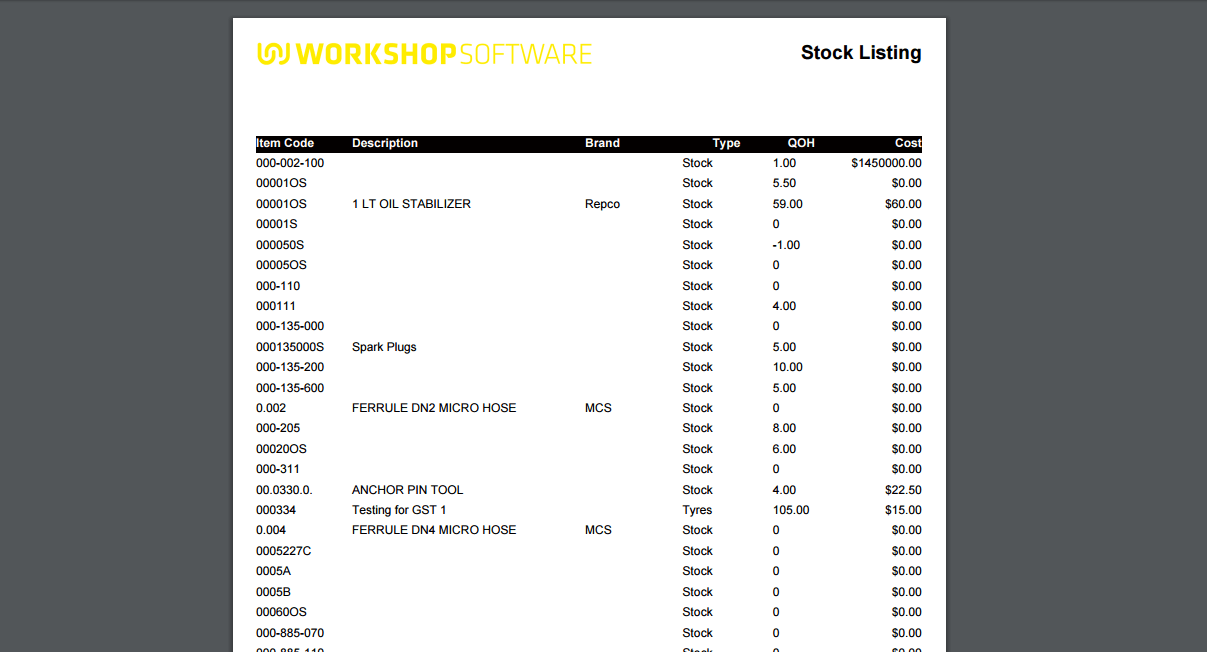 Workshop Software run a stock listing report step 4 of 4