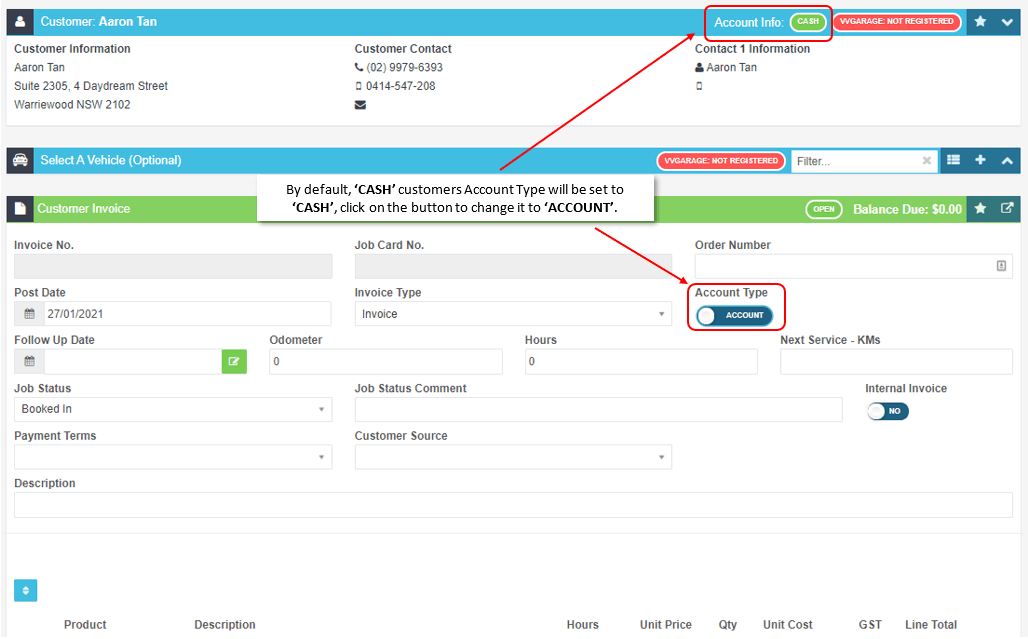 Workshop Software screen showing to change the invoice from a cash invoice to an account invoice, click on the…