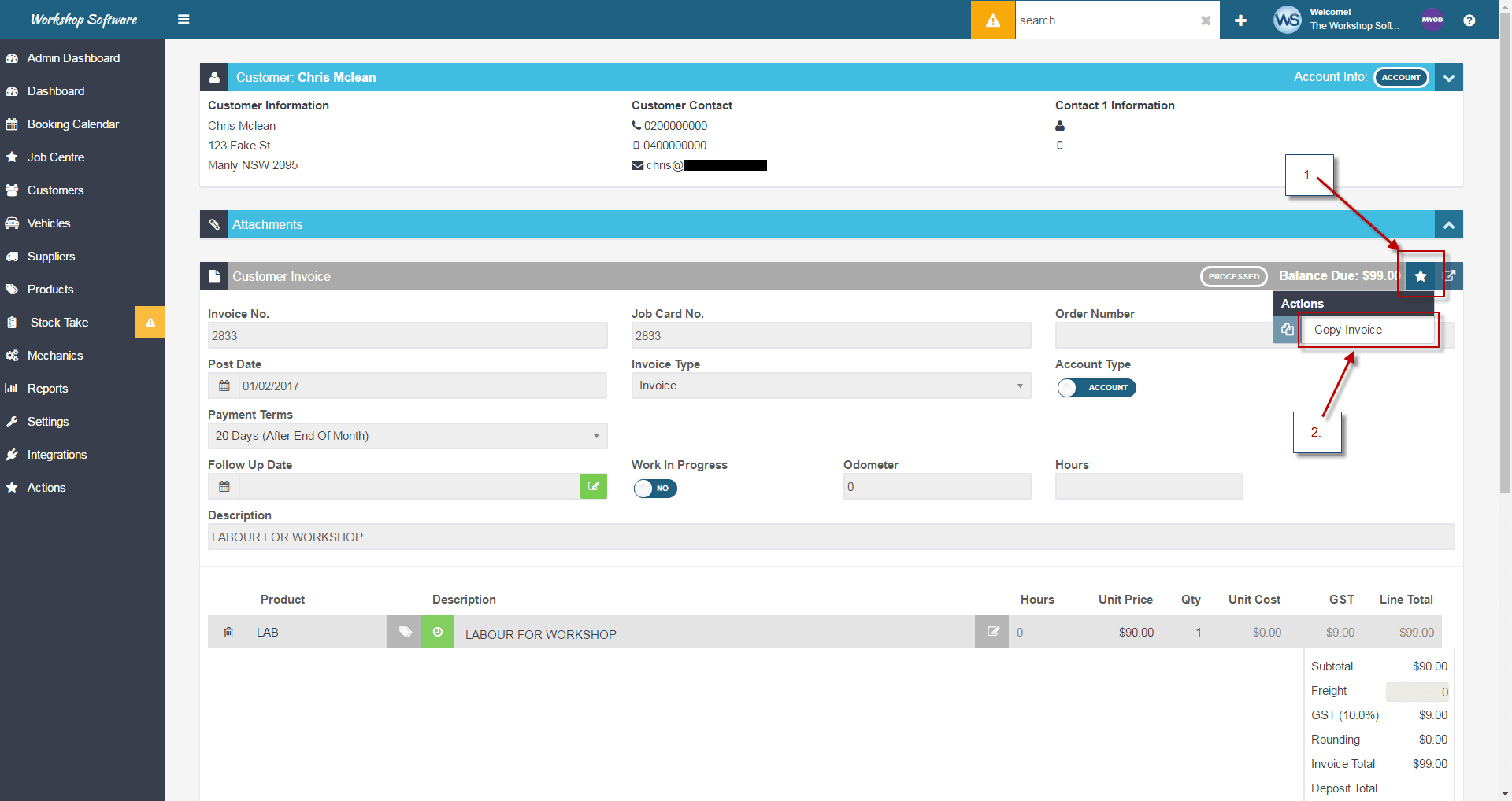 Workshop Software how to copy an invoice showing invoice that you want to copy 1) select the ‘actions’ star 2) select ’cop…