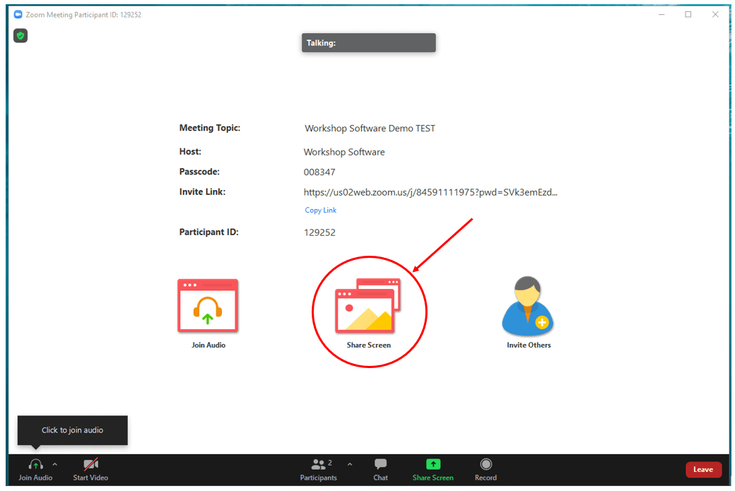 Workshop Software screen showing you will need to share your screen with our onboarding coach, to do this clic…