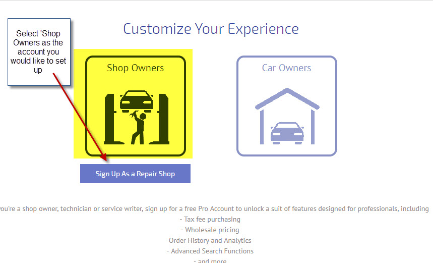 Workshop Software how to integrate partstech showing ‘shop owners’ as the type of account you would like to set up