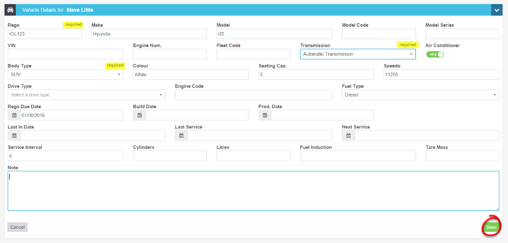 Vehicle details form showing required fields with green Save button at bottom right