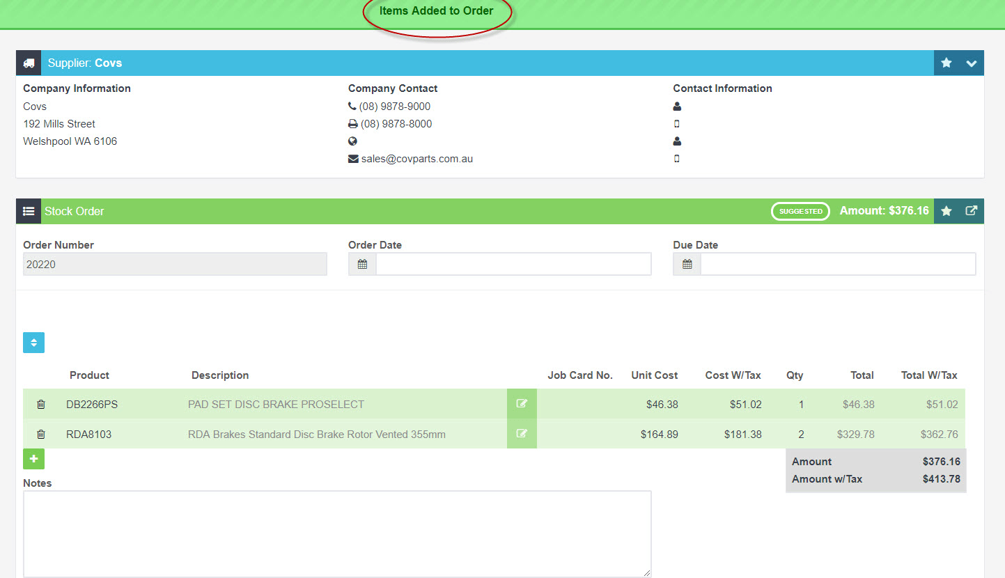 Workshop Software screen showing it will prompt you to ’ add items to order ’ once this is pressed you can eit…