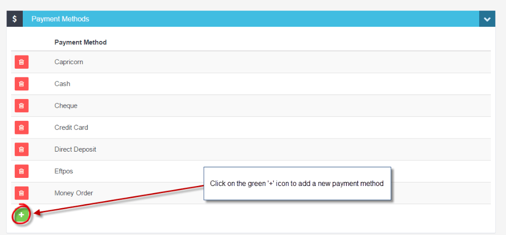 Workshop Software add or edit payment methods available showing ‘+’ icon to add a new payment method