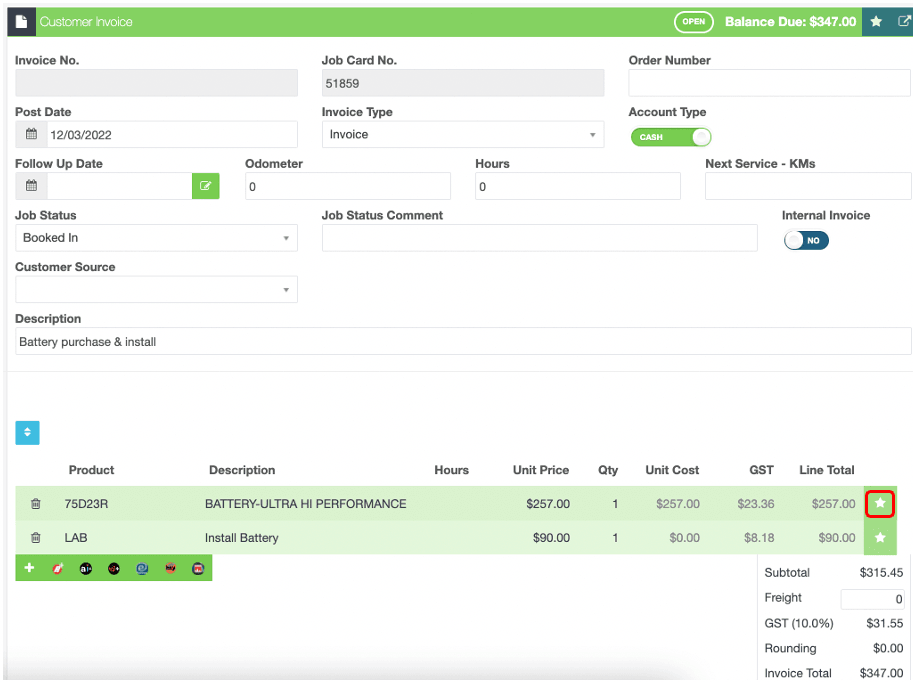Workshop Software screen showing when you have added a product to a customer invoice, to select which serial n…