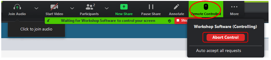 Workshop Software screen showing to take back control of the mouse & keyboard click on remote control again an…
