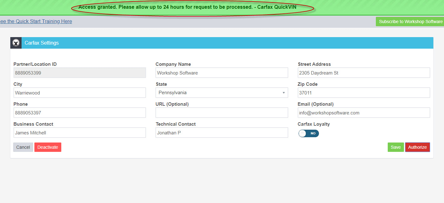 Carfax authorization confirmation screen showing successful connection