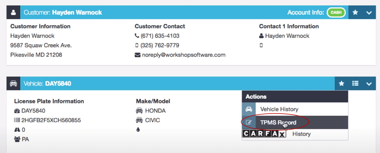 Workshop Software screen showing this invoice does not have to have tires on it as it is using the details of …