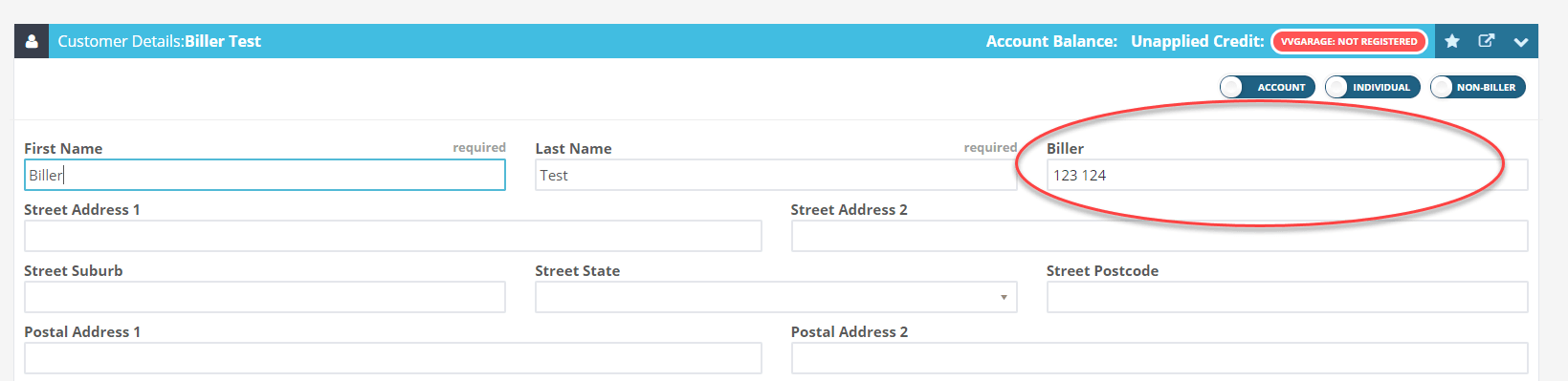 Workshop Software screen showing then type your billers name in the ‘biller’ field and select their profile