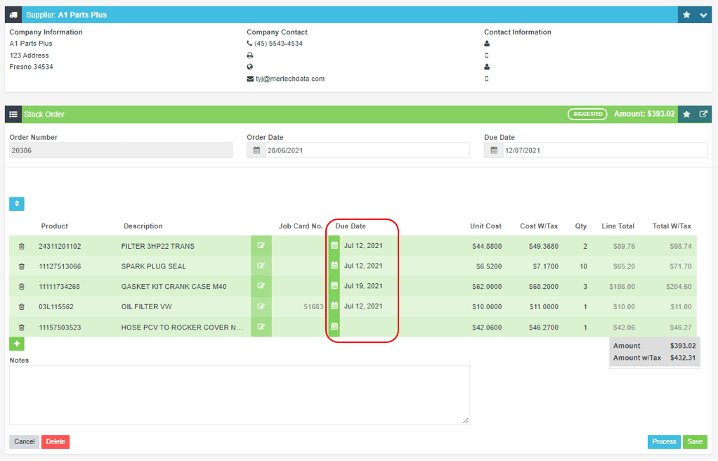 Workshop Software screen showing at the time of entering product items in your stock order there is a “ due da…