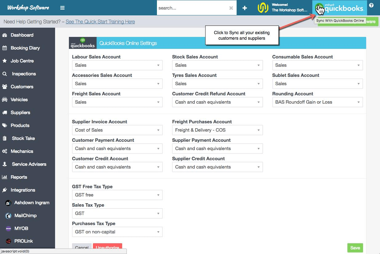 Workshop Software screen showing if you change data in quickbooks, you can press the button to sync any new da…