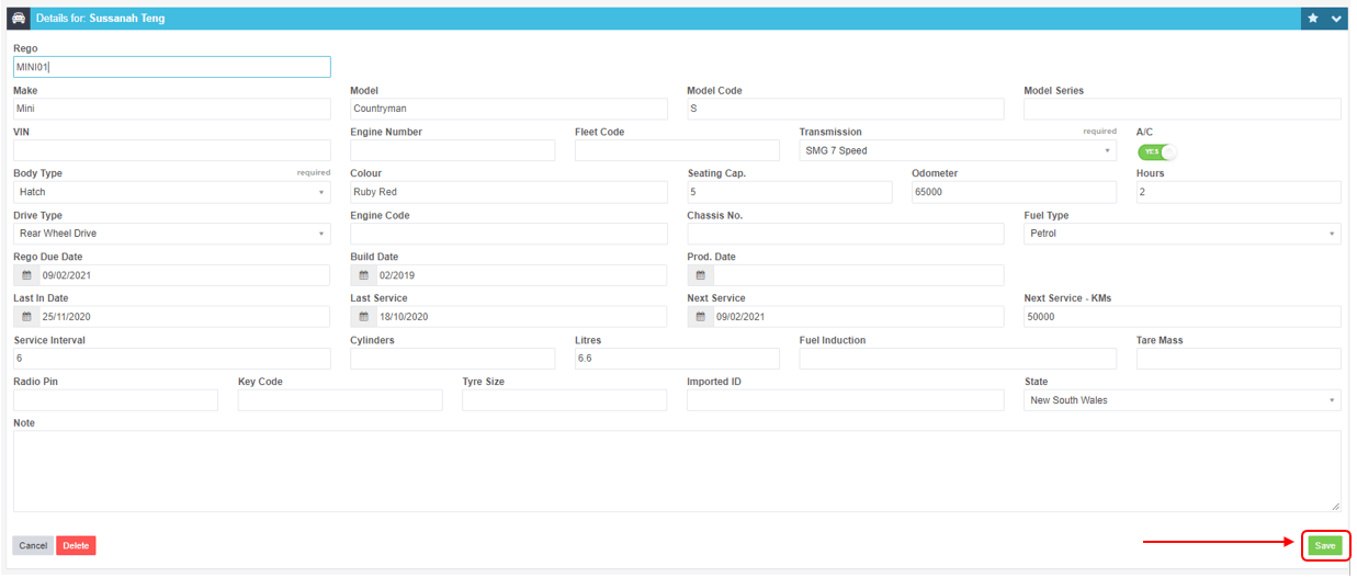 Workshop Software screen showing once you have finished making the changes or additions click on the green ’sa…