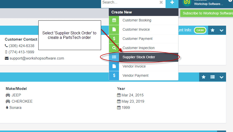 Workshop Software screen showing once you have added all your partstech parts to your invoice/job click on the…