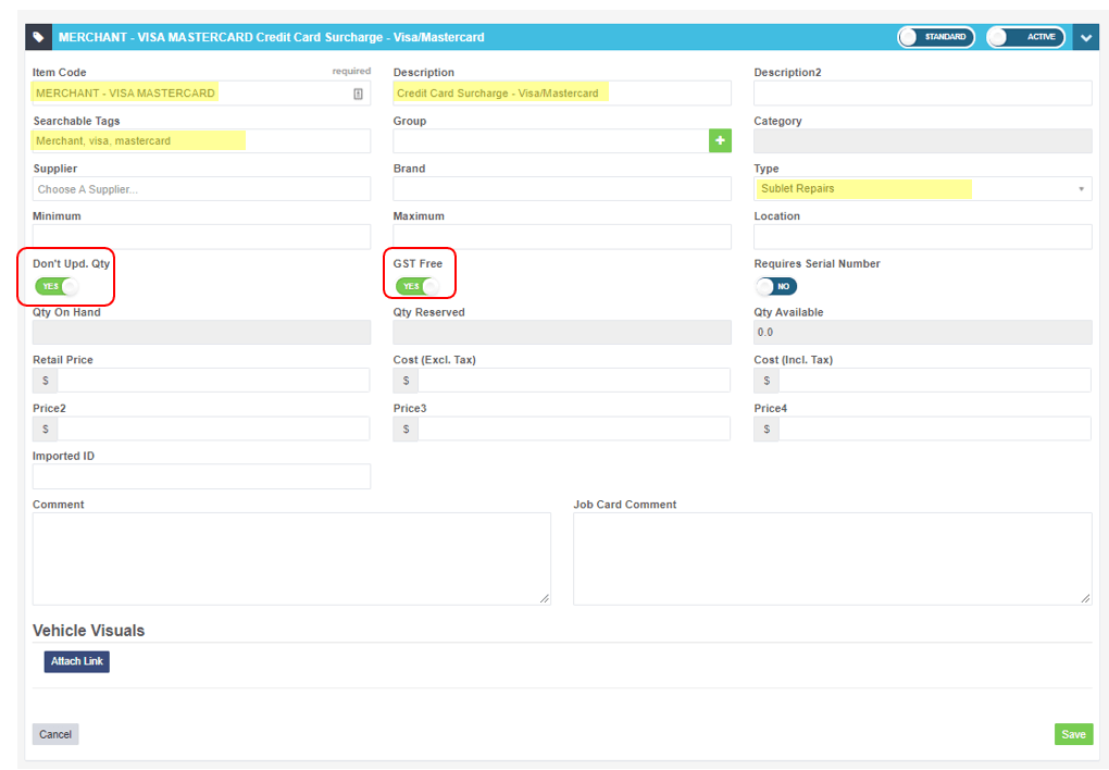 Workshop Software screen showing qty ’ toggle is set on yes and the ‘gst free’ toggle is set to yes