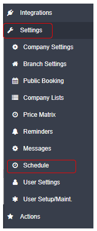 Workshop Software set a holiday in your booking diary showing ‘settings’ from the list of menu options down the left hand …