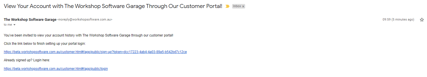 Screenshot of what the invitation will look like to the customer. 2 links available, first one to set up password for first time, second link to login page