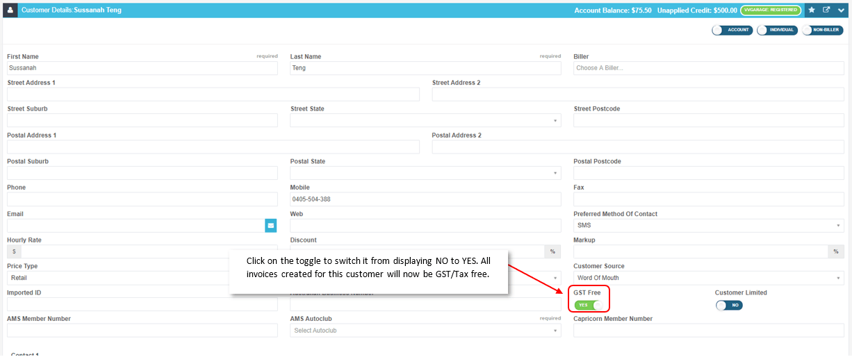 Workshop Software make a customer gst/tax free showing to the bottom of the page and click on the green ‘save’ button, loc…