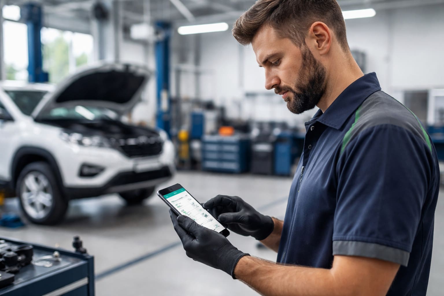 Mechanic using Workshop Software mobile job card checklist on smartphone
