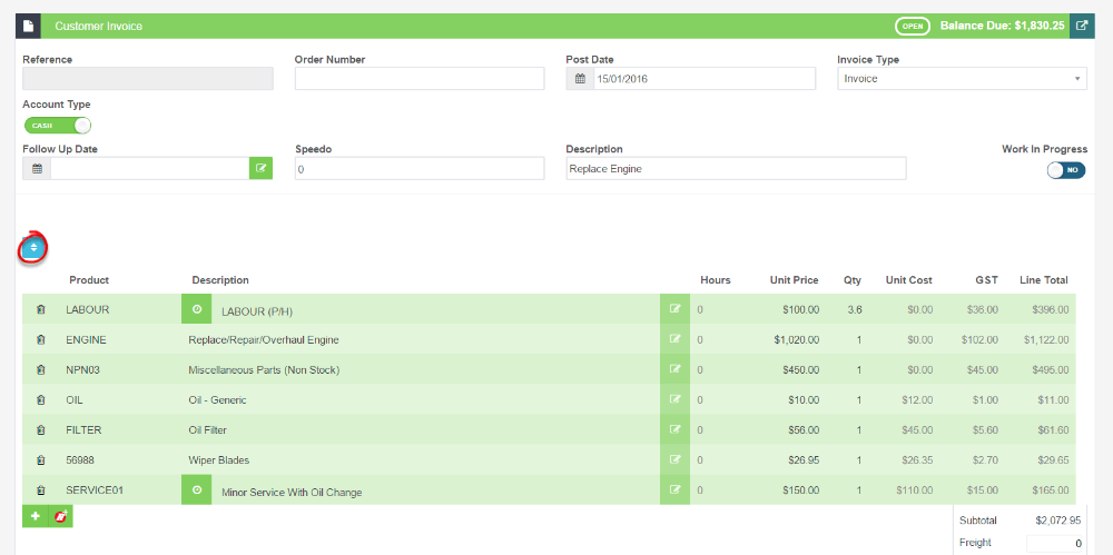 Workshop Software screen showing in an open invoice click on the blue ‘up and down arrow’ icon above the list …